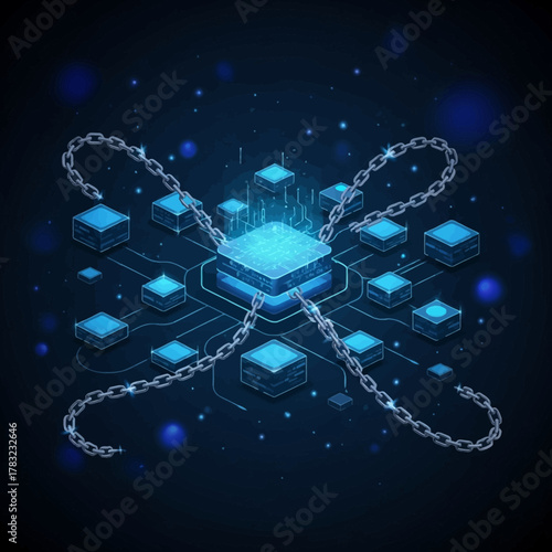 Blockchain network connecting digital blocks with chains in cyberspace representing secure data transfer and decentralized technology, creating a futuristic atmosphere.