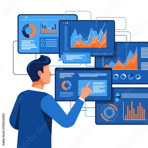 Man analyzes data on multiple screens in modern office, visualizing trends and insights for strategic decisionmaking, reflecting a datadriven approach.