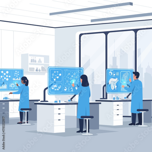 Scientists analyze complex data on interactive screens in modern laboratory, wearing lab coats and working diligently, showcasing technological advancement and scientific research.