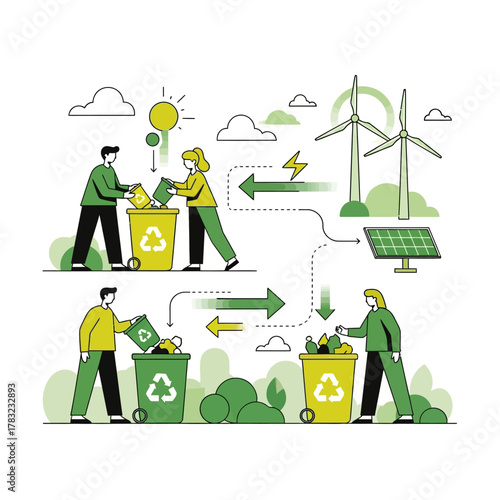 People sorting recyclable materials into designated bins near wind turbines and solar panels, promoting sustainable energy and environmental responsibility.