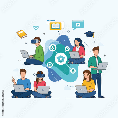 Students learning online using laptops and VR headsets in modern virtual classroom, engaging in interactive education with digital resources and collaborative tools.