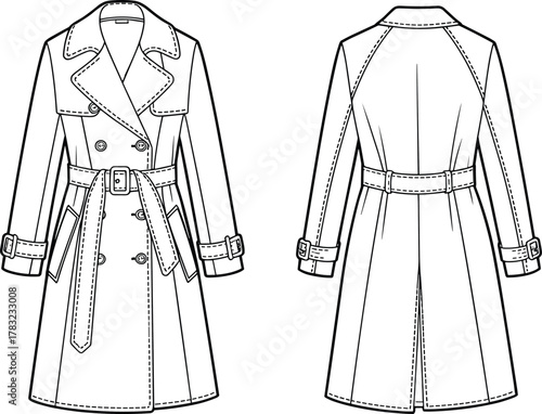 Trench coat cad drawing flat vector illustration, front and back view, belted waist, double-breasted design, technical fashion sketch