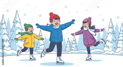 Three happy children ice skating outdoors in a snowy winter wonderland with snow-covered trees and falling snowflakes.
