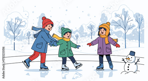 Three happy children ice skating together in a snowy winter park with a small snowman.