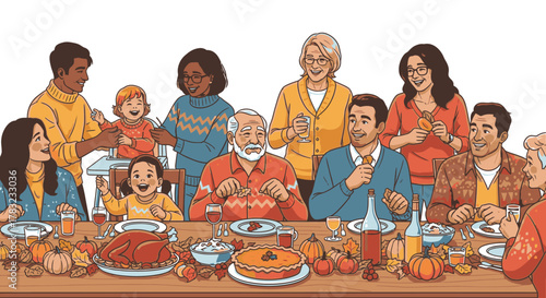 A diverse multi-generational family celebrating a holiday meal together around a festive dining table with turkey and pie.