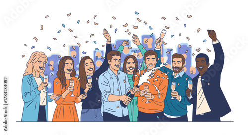 Group of people celebrating with confetti and champagne glasses.