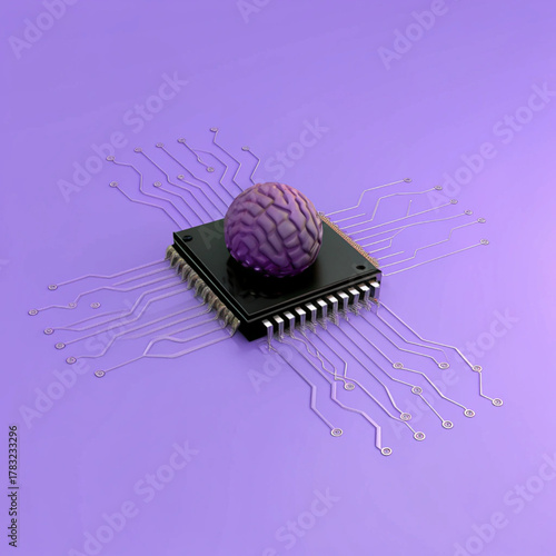 A conceptual close-up illustration of a central processing unit (CPU) or microchip. The surface of the chip features a prominent engraved brain outline or cerebral cortex design
