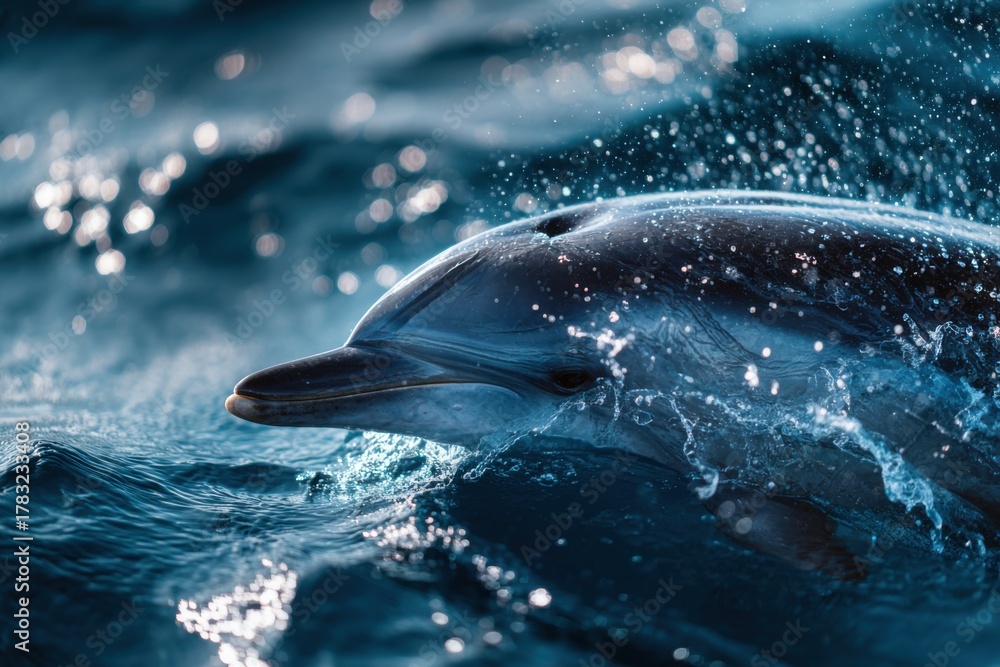 Fototapeta premium Dolphin surfaces gracefully in the ocean, water droplets sparkling in sunlight during a calm day near the shore