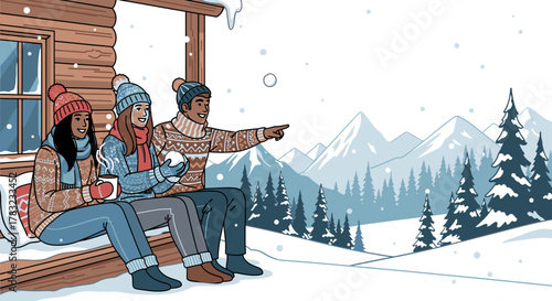Three friends enjoying a snowy mountain view from a cozy wooden cabin porch in winter.
