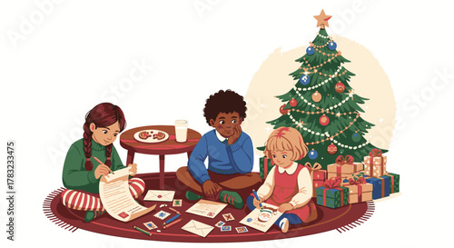 Children writing letters to Santa Claus, gathered around a Christmas tree with gifts.