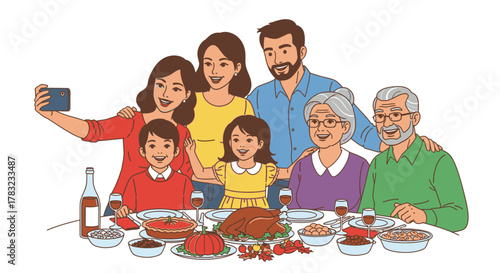 Family taking selfie at Thanksgiving dinner with turkey and side dishes.