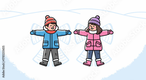 Two children making snow angels in a snowy field, enjoying winter fun and outdoor activities.