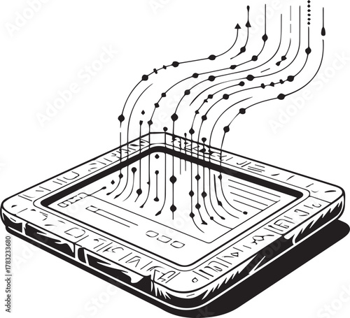 Conceptual illustration of a computer processor chip with data streams flowing upwards and outwards representing information processing and digital technology in a schematic drawing style
