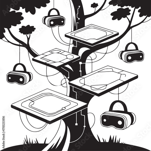 Whimsical illustration of a stylized tree with interconnected platforms and hanging virtual reality headsets symbolizing digital connection and immersive experiences