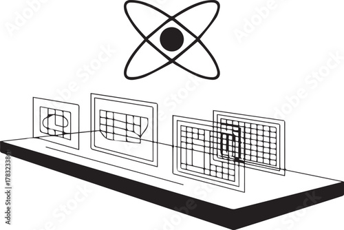 Abstract illustration of a futuristic atomic structure or quantum computing concept with a stylized atom symbol above a circuit board or data processing unit