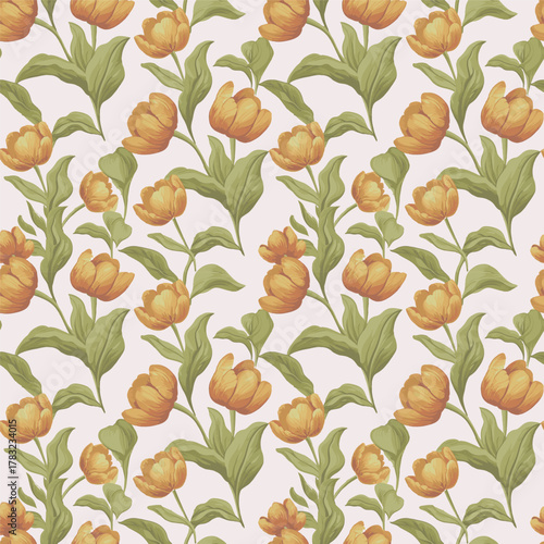 Romantic seamless floral pattern with vivid burnt orange tulip/peony blossoms and contrasting dark green leaves. A lush, vertical botanical design for textiles, wallpaper, and decor.