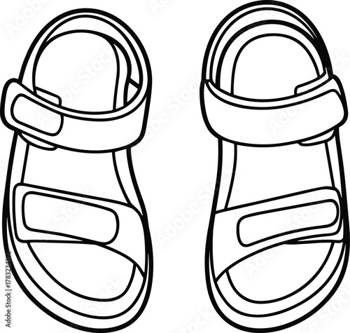Sandal cad drawing flat vector illustration, top view, velcro straps, casual footwear design, technical fashion sketch, summer shoe template