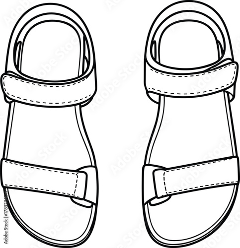 Sandal cad drawing flat vector illustration, top view, velcro straps, casual footwear design, technical fashion sketch, summer shoe template