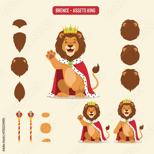 Cartoon lion king character asset kit with various parts, crown, and scepters for animation or game design.