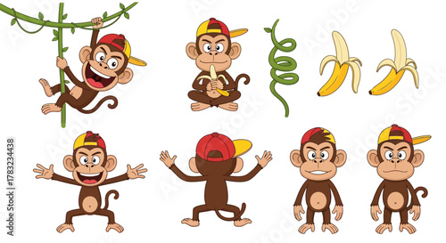 Cartoon monkey character set with various poses, expressions, and elements like bananas and vines.