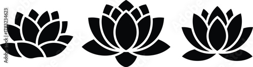 Three black lotus flower silhouettes on white background