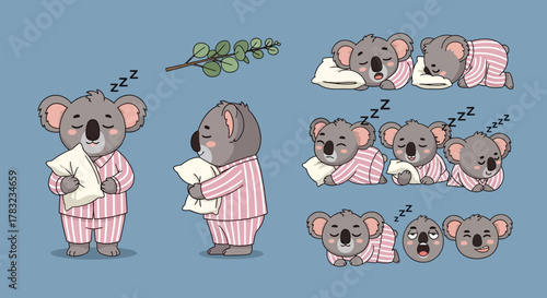 Cute cartoon koalas in pink striped pajamas sleeping and looking sleepy, with a eucalyptus branch, on a blue background.