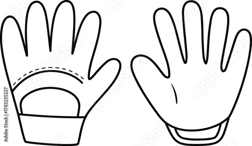 Sports glove cad drawing flat vector illustration, palm and back view, wrist strap, padded grip, technical fashion sketch, gear design