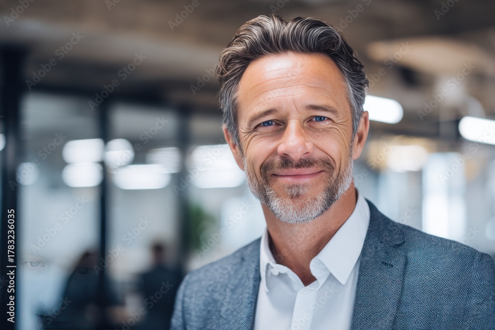 Obraz premium Confident mid aged business man executive standing in a modern office environment with a bright smile during a productive workday