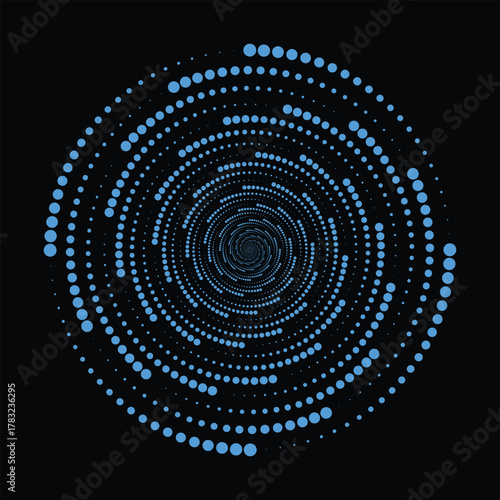 Abstract blue swirling digital vortex of lights on black background