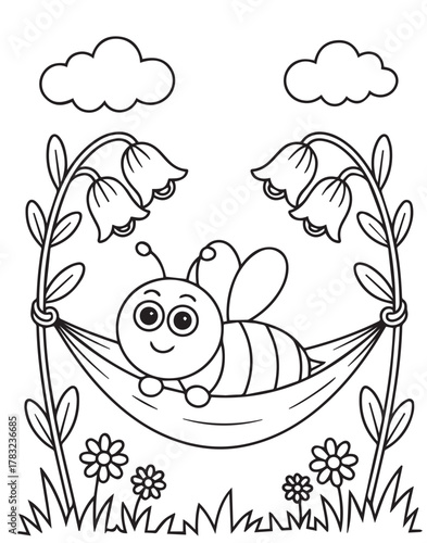 Happy line art bee relaxes in hammock strung between flower stalks beneath clouds