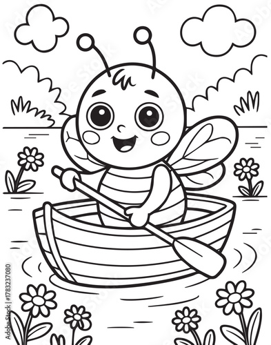 Adorable cartoon bee cheerfully rows the little boat amidst flowers, clouds and transparent background,  kids, coloring page, book, printable, easy, coloring, pages