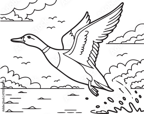 Handdrawn duck soars above rippling water, flanked by stylized clouds against a clear background,  kids, coloring page, book, printable, easy, coloring, pages