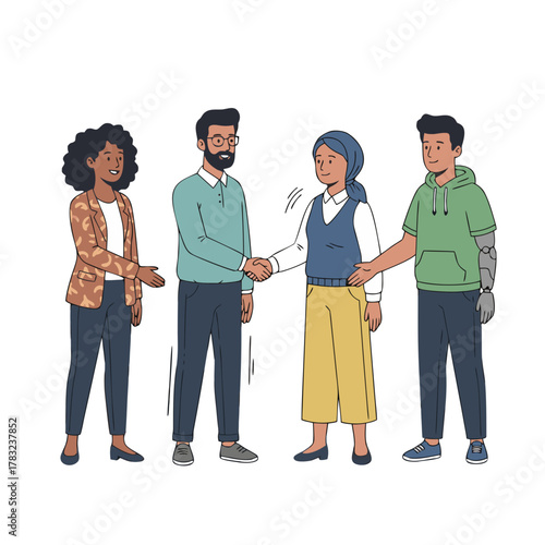 Diverse business professionals participate in a project handshake meeting showing collaboration and partnership development with a timeline board in the background drawn in a flat vector style