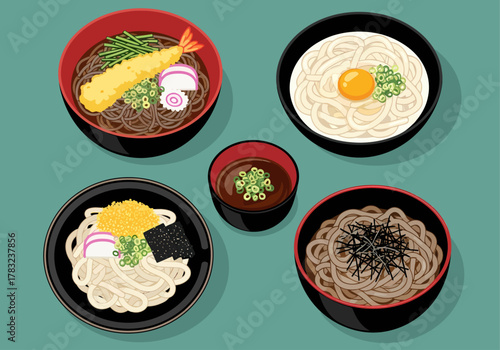 A vibrant flat-lay vector illustration showcasing four assorted bowls of Japanese udon and soba noodles with toppings like tempura, egg, and roe