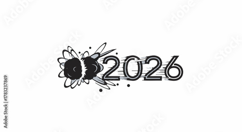 Abstract illustration of the year 2026 with a stylized bee and floral elements