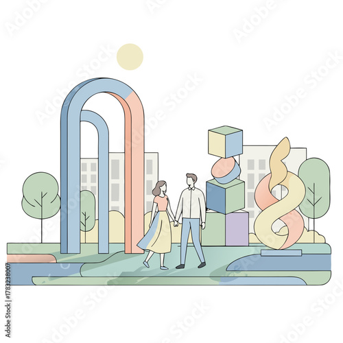 Couple Walking Beside Urban Skyline In Soft Pastel Vector Art With Archway Sculptures And Trees Shadow Free Clean Design