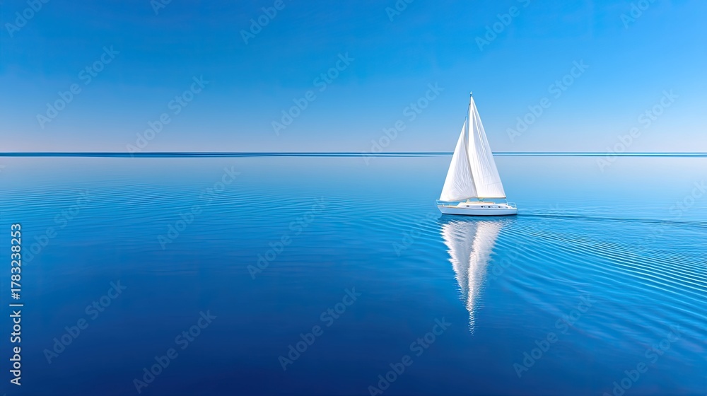 Obraz premium Serene White Sailboat Gliding Across Calm Blue Ocean Under Clear Sky with Ripples and Reflection