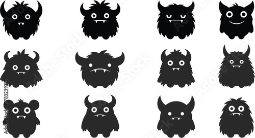 Cartoon monster silhouettes, black vector creatures, funny expressions, horned beasts, spooky characters, kids illustration, Halloween design, fantasy icons, playful monsters, outline art