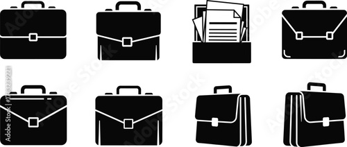 Briefcase and document holder icons, black silhouette vector, office bags, professional accessories, minimal design, business gear, flat illustration, modern styles