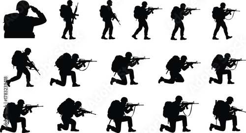 Soldier silhouette collection, tactical poses, black vector icons, military stances, rifle gear, combat movement, army training, battlefield illustration, defense theme