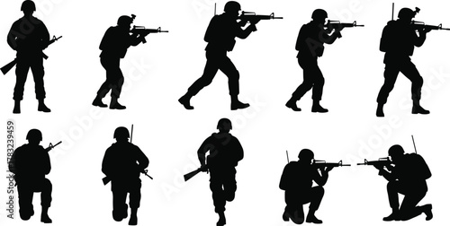 Soldier silhouette set, black vector icons, tactical poses, combat stances, rifle gear, military movement, battlefield illustration, defense theme, army training, war design