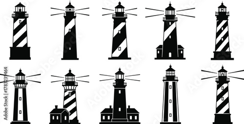 Lighthouse silhouette collection, black and white vector icons, coastal architecture, beacon towers, nautical design, marine theme, navigation aid, flat illustration
