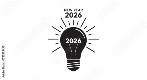 Bright idea for the New Year 2026, represented by a glowing light bulb with a sunburst effect.