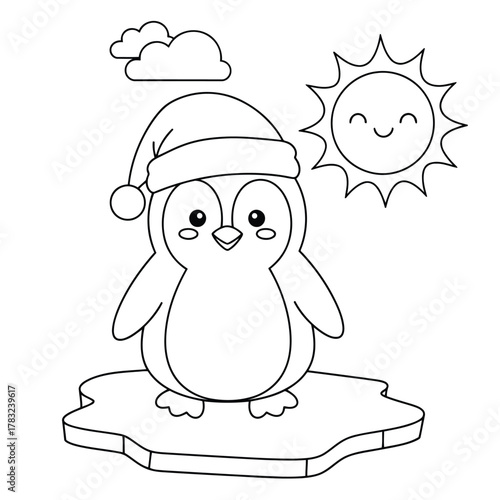 Cute penguin wearing santa hat on ice floe under sunny sky vector illustration vector