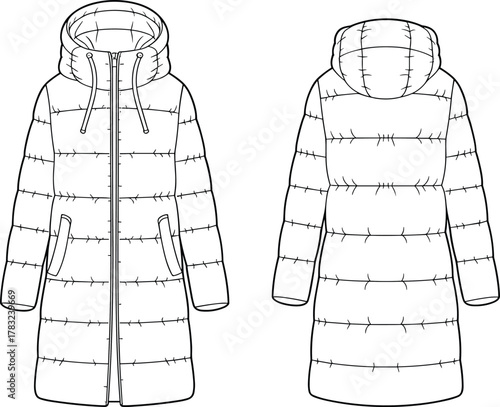 Winter coat cad drawing flat vector illustration, front and back view, hooded design, quilted padding, technical fashion sketch, outerwear template