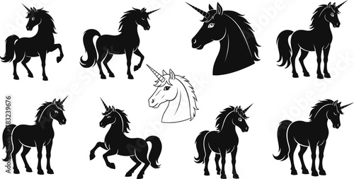 Unicorn silhouette collection, black and white vector icons, magical creatures, fantasy poses, mythical animals, elegant design, enchanted theme, flat illustration