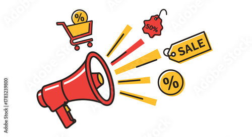 Advertising campaign concept featuring a megaphone, shopping cart, sale tag, and discount symbols