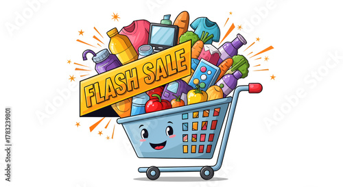A cheerful cartoon shopping cart character overflowing with groceries, electronics, and apparel, symbolizing a major retail promotion and consumer discount event
