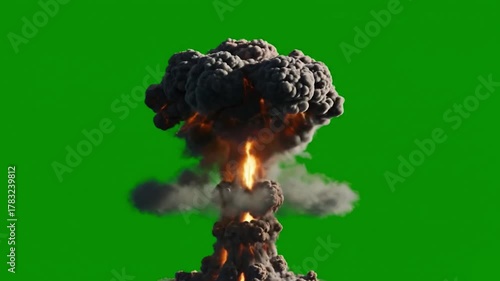 A nuclear explosion with fire and smoke against a bright green screen background visual effect