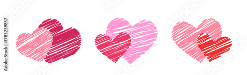 Set of hand drawn doodle style heart shape flat vector illustration.
Heart with diagonal Scribble effect. 
For celebrating Valentine's Day, wedding,  mother's day,or birthday.
White background.